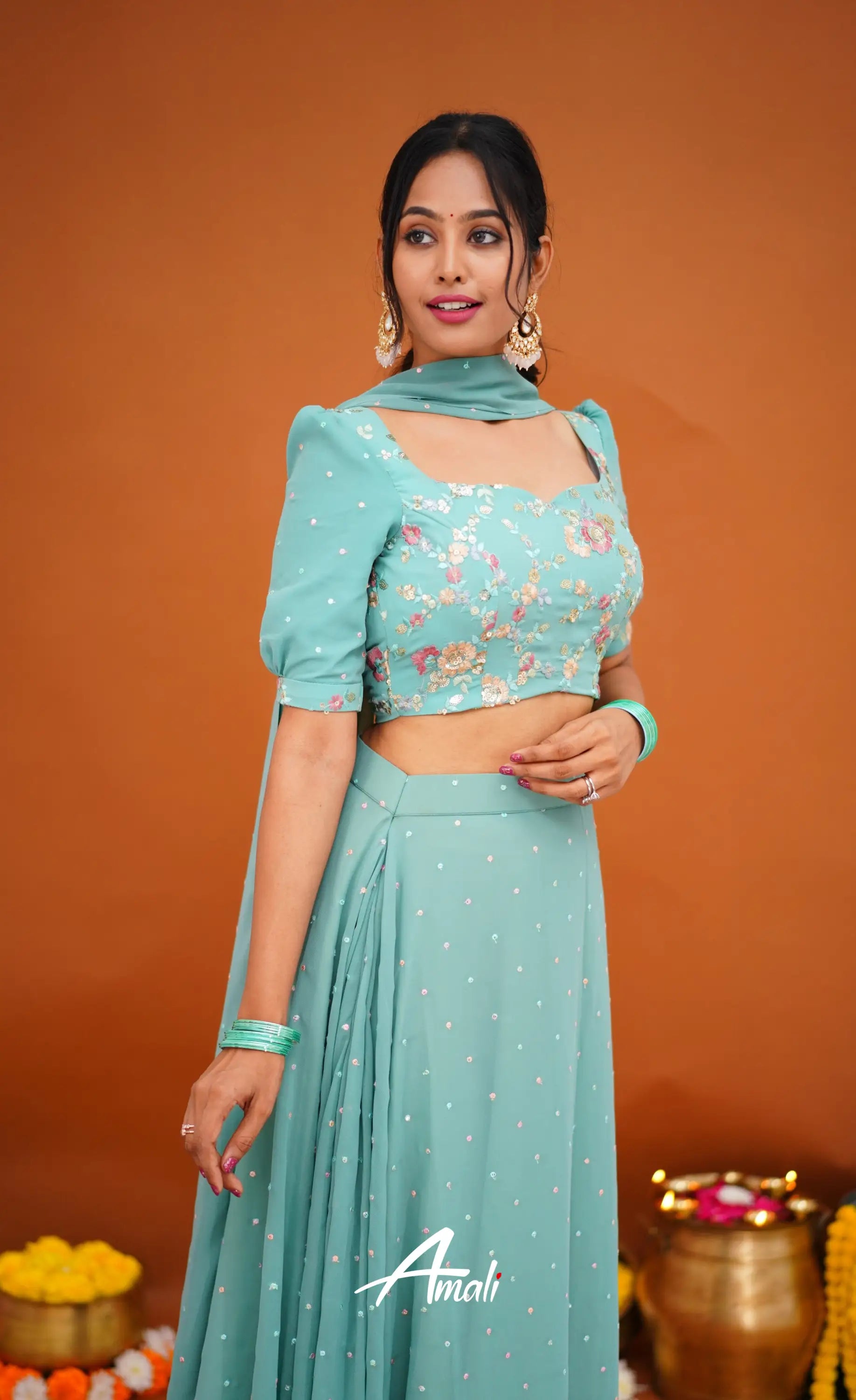 Zaara - Crop Top And Skirt Teal Blue Crop Top Skirts