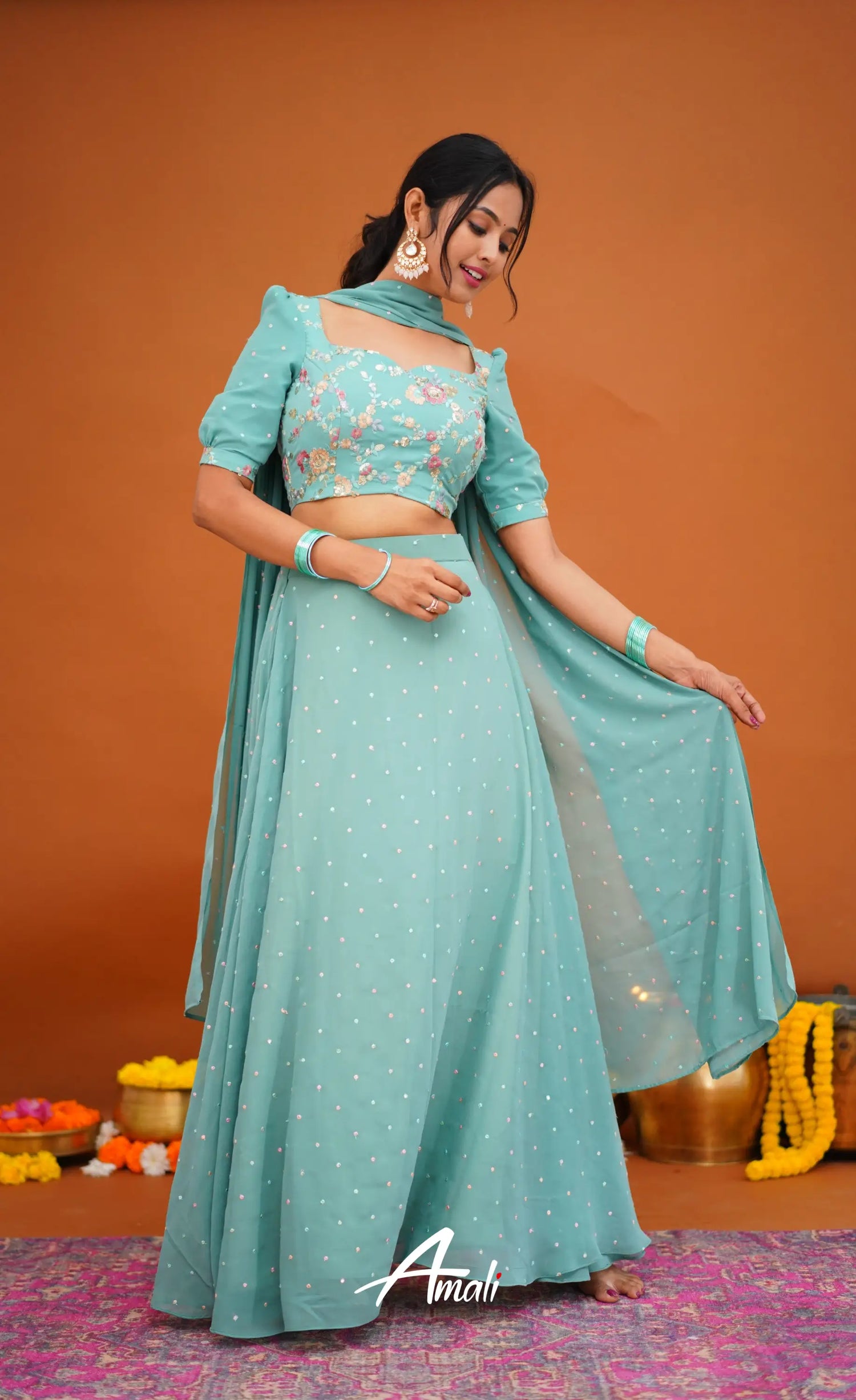 Zaara - Crop Top And Skirt Teal Blue Crop Top Skirts