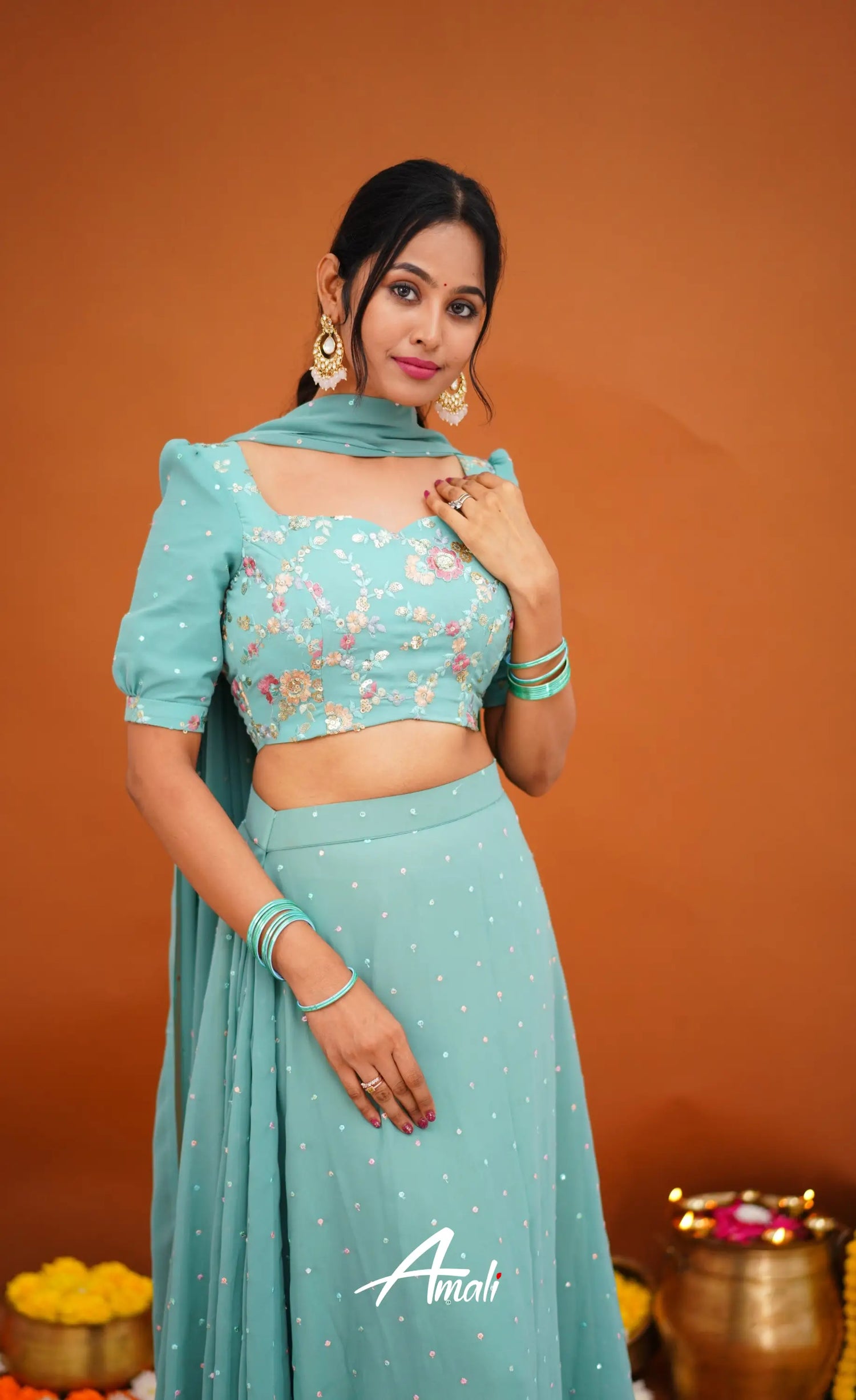 Zaara - Crop Top And Skirt Teal Blue Crop Top Skirts