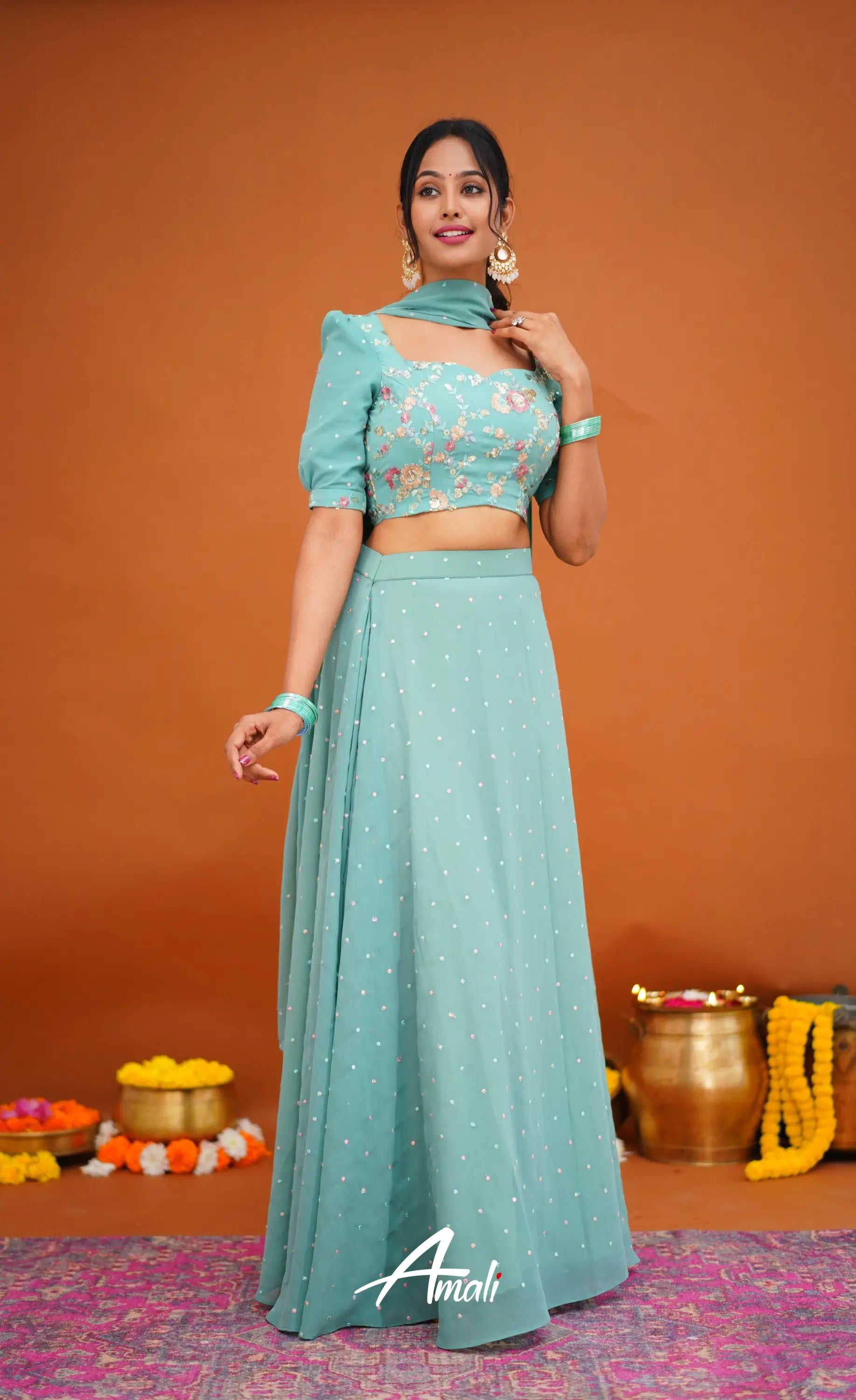 Zaara - Crop Top And Skirt Teal Blue Crop Top Skirts