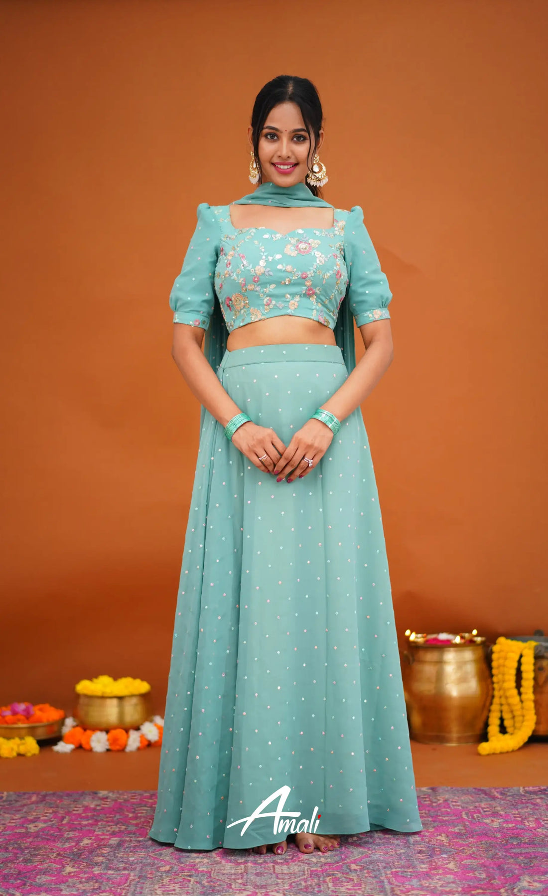 Zaara - Crop Top And Skirt Teal Blue Crop Top Skirts