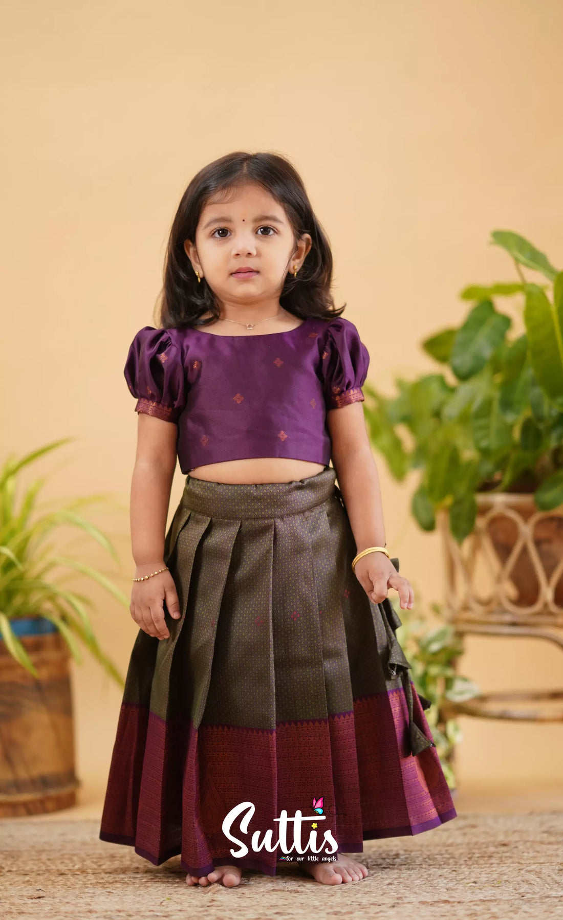 Zara - Brownish Ash Shade And Dark Magenta Blended Silk Crop Top Skirt Kids-Suttis