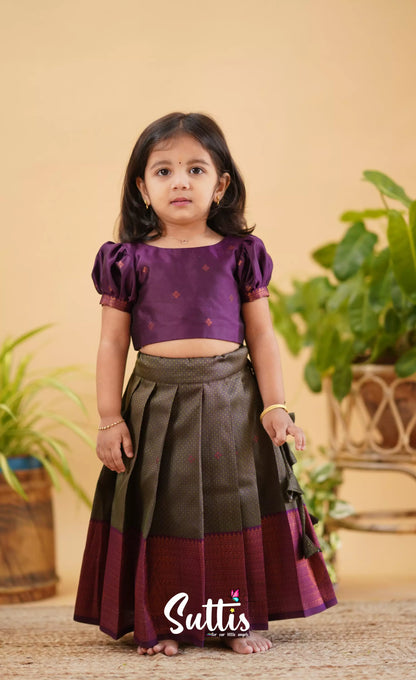 Zara - Brownish Ash Shade And Dark Magenta Blended Silk Crop Top Skirt Kids-Suttis