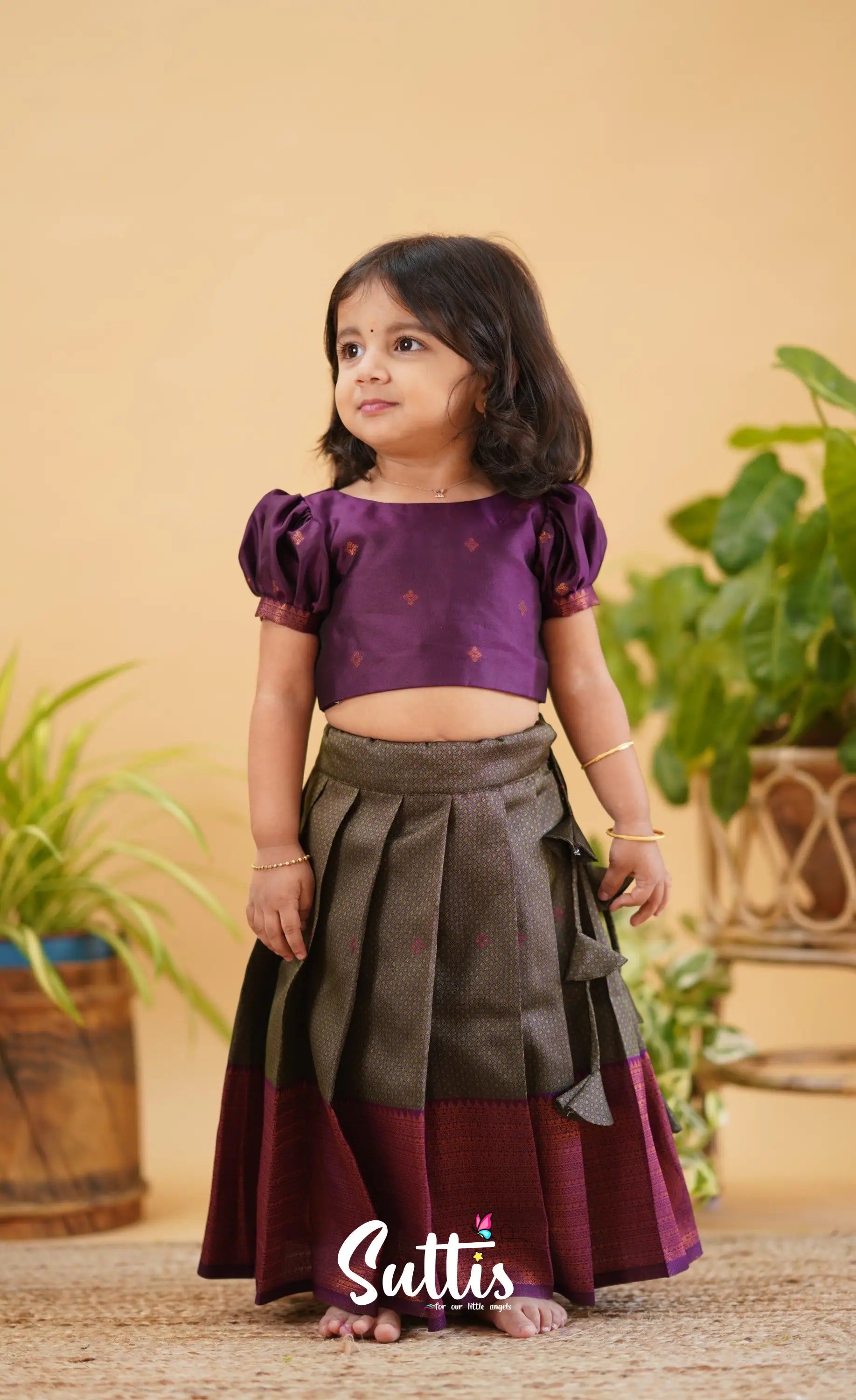 Zara - Brownish Ash Shade And Dark Magenta Blended Silk Crop Top Skirt Kids-Suttis