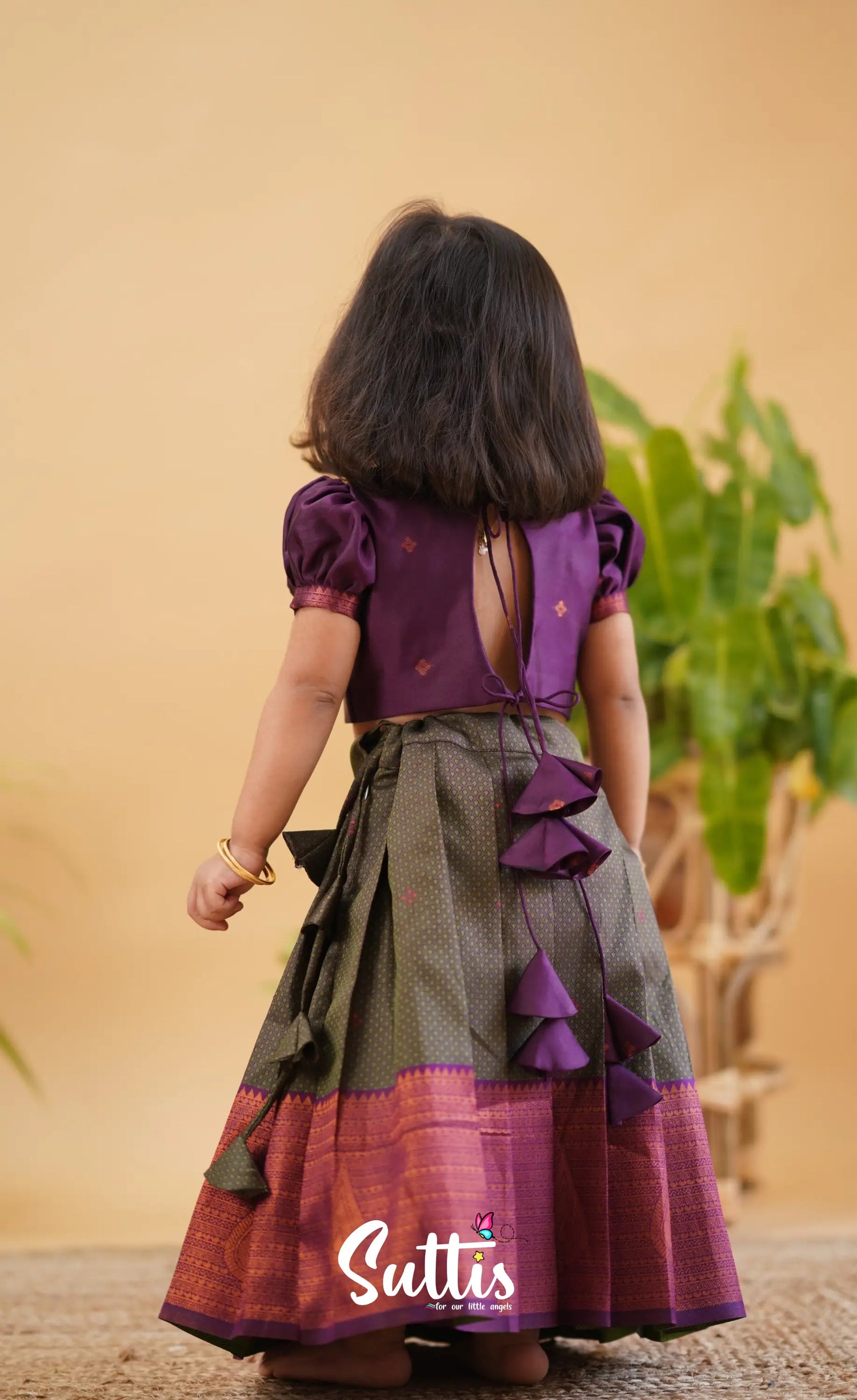 Zara - Brownish Ash Shade And Dark Magenta Blended Silk Crop Top Skirt Kids-Suttis