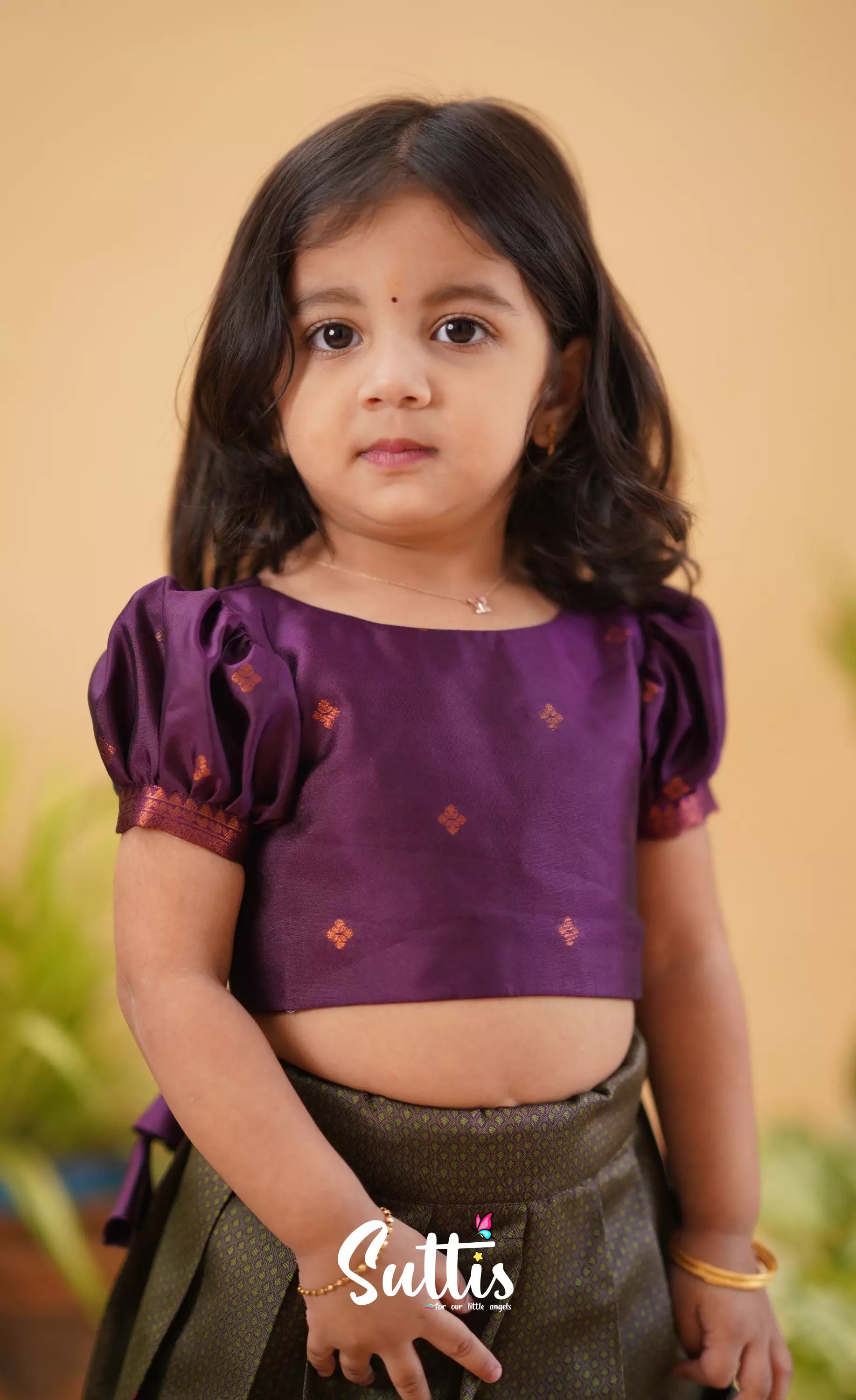 Zara - Brownish Ash Shade And Dark Magenta Blended Silk Crop Top Skirt Kids-Suttis