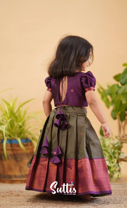 Zara - Brownish Ash Shade And Dark Magenta Blended Silk Crop Top Skirt Kids-Suttis