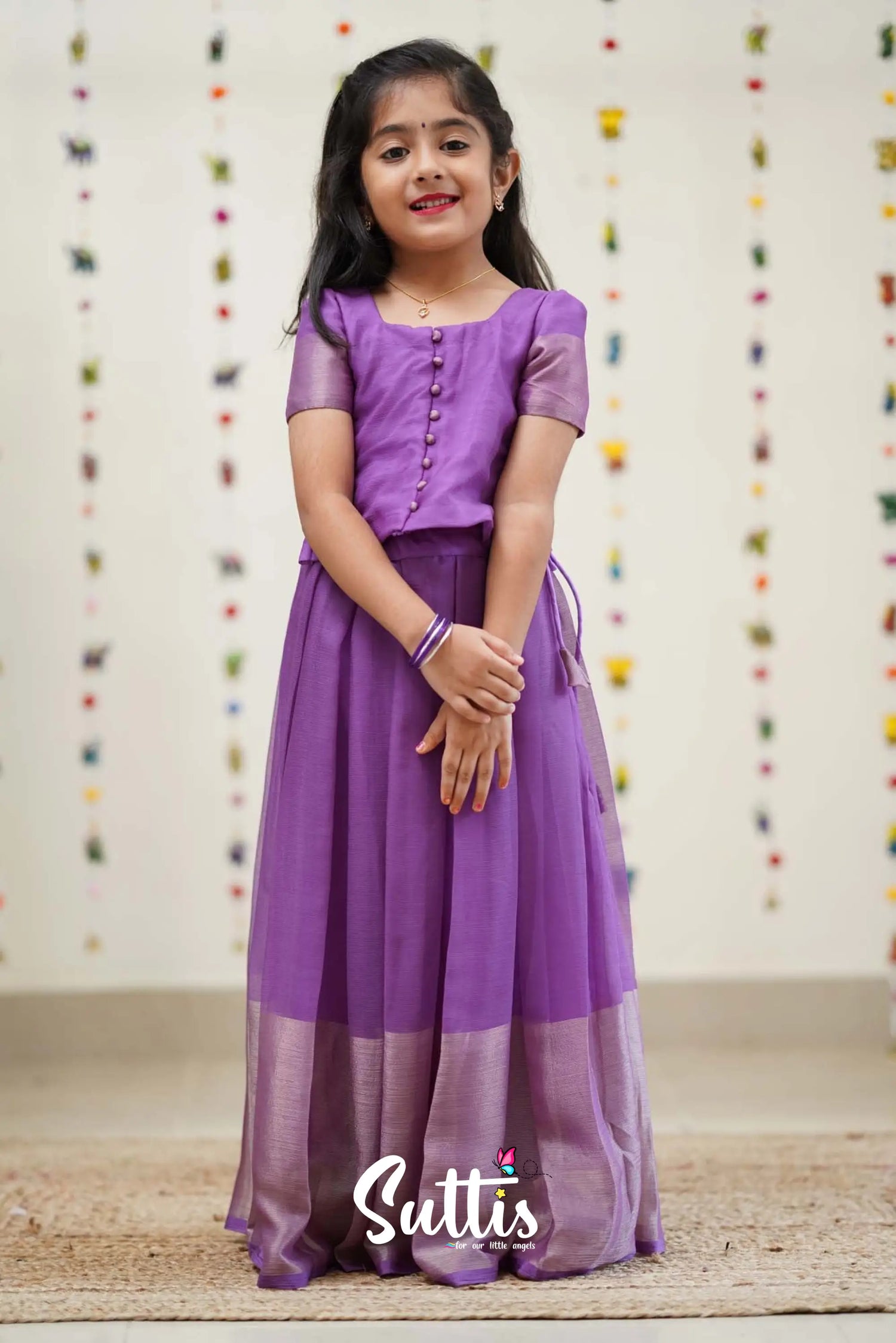 Zara - Lavender And Gold Georgette Crop Top Skirt Kids-Suttis