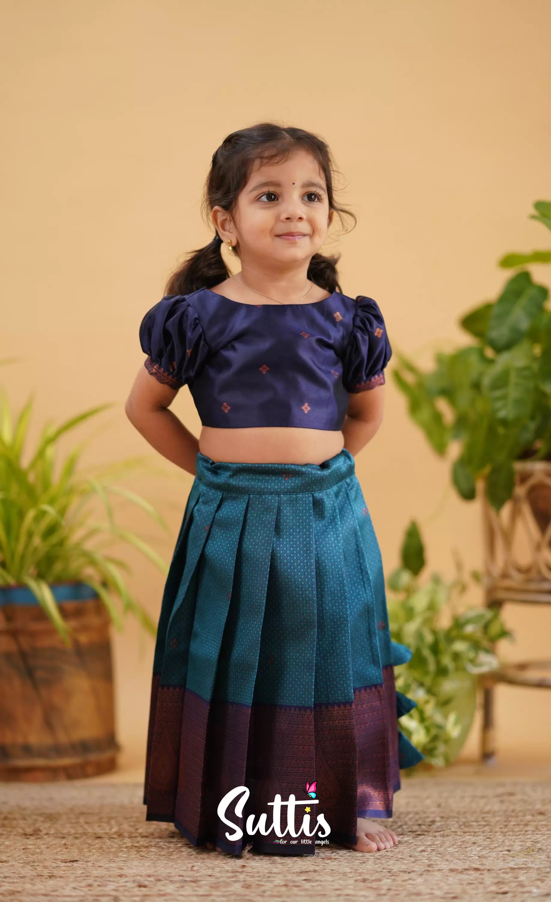 Zara - Light Blue Shade And Dark Tone Blended Silk Crop Top Skirt Kids-Suttis