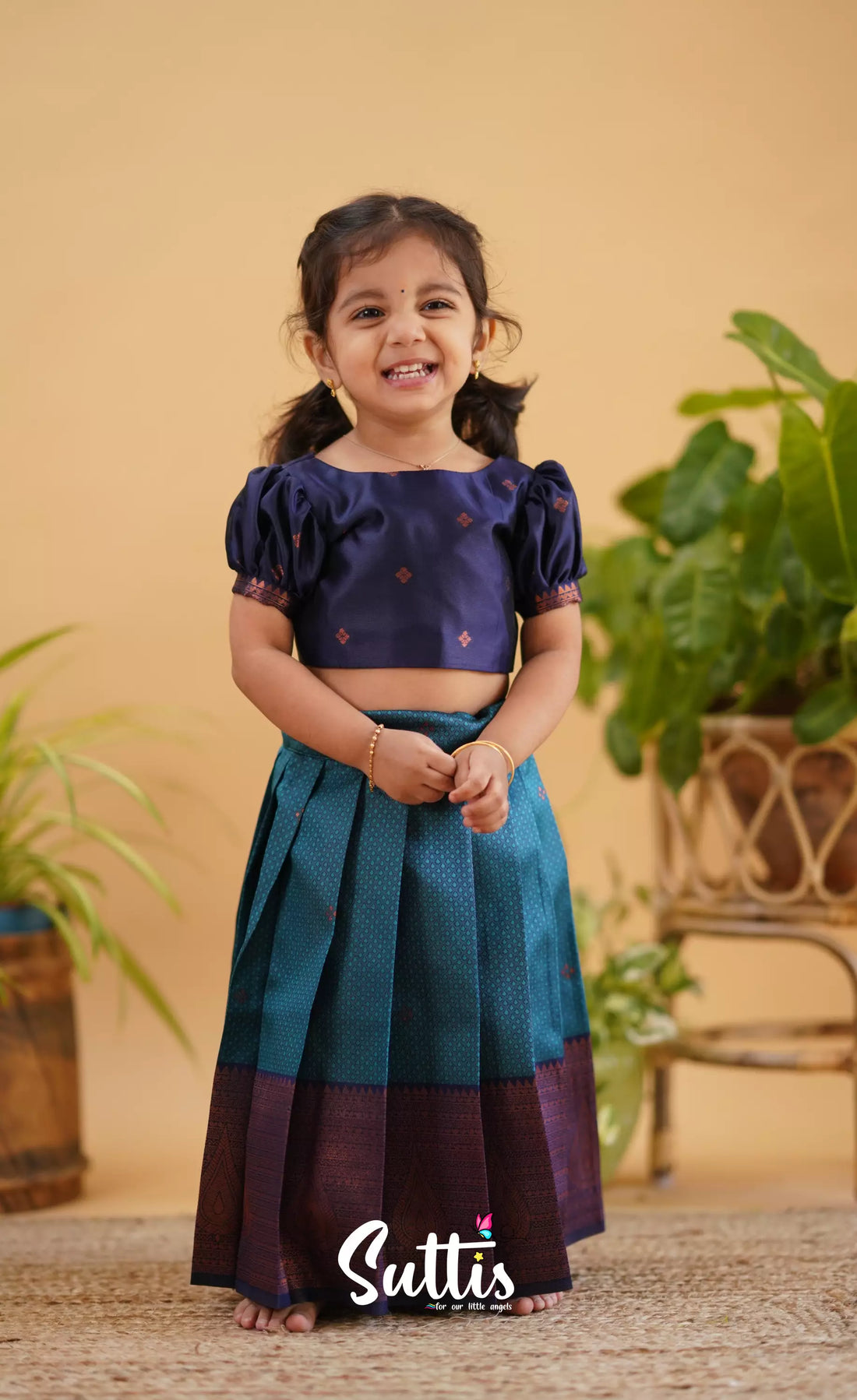 Zara - Light Blue Shade And Dark Tone Blended Silk Crop Top Skirt Kids-Suttis