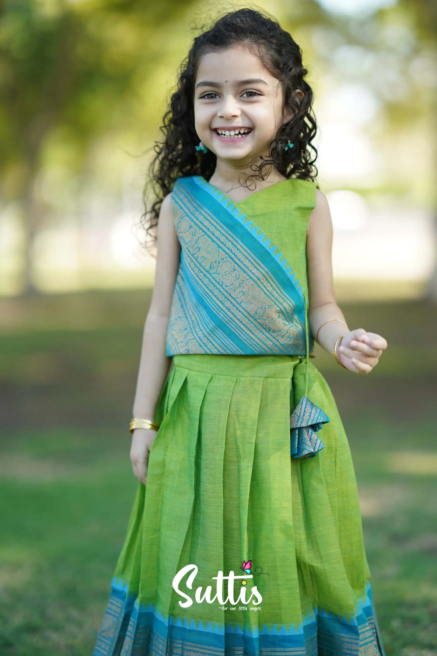 Padmaja - Light Green And Blue Crop Top Skirt Kids-Suttis