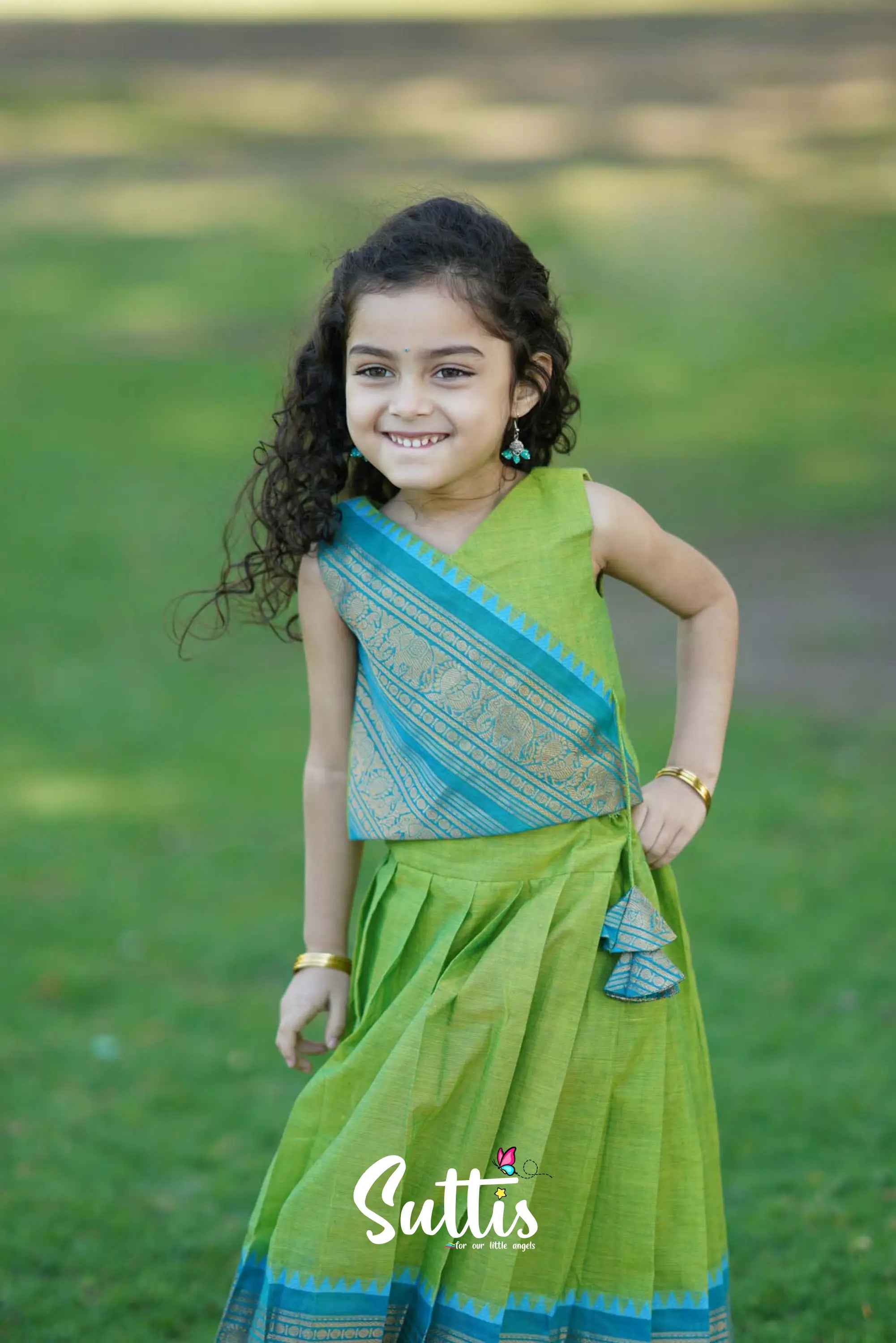 Padmaja - Light Green And Blue Crop Top Skirt Kids-Suttis