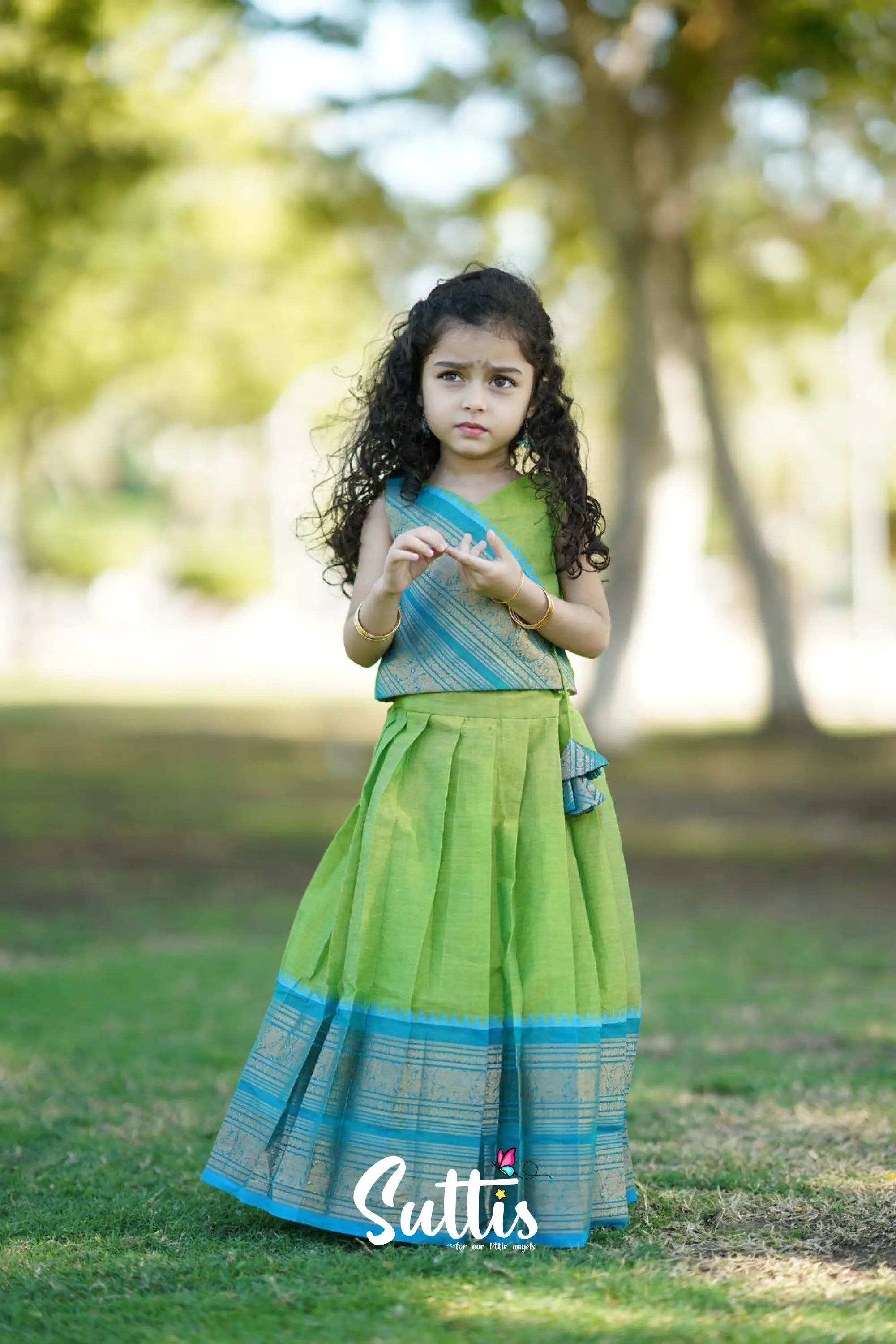 Padmaja - Light Green And Blue Crop Top Skirt Kids-Suttis