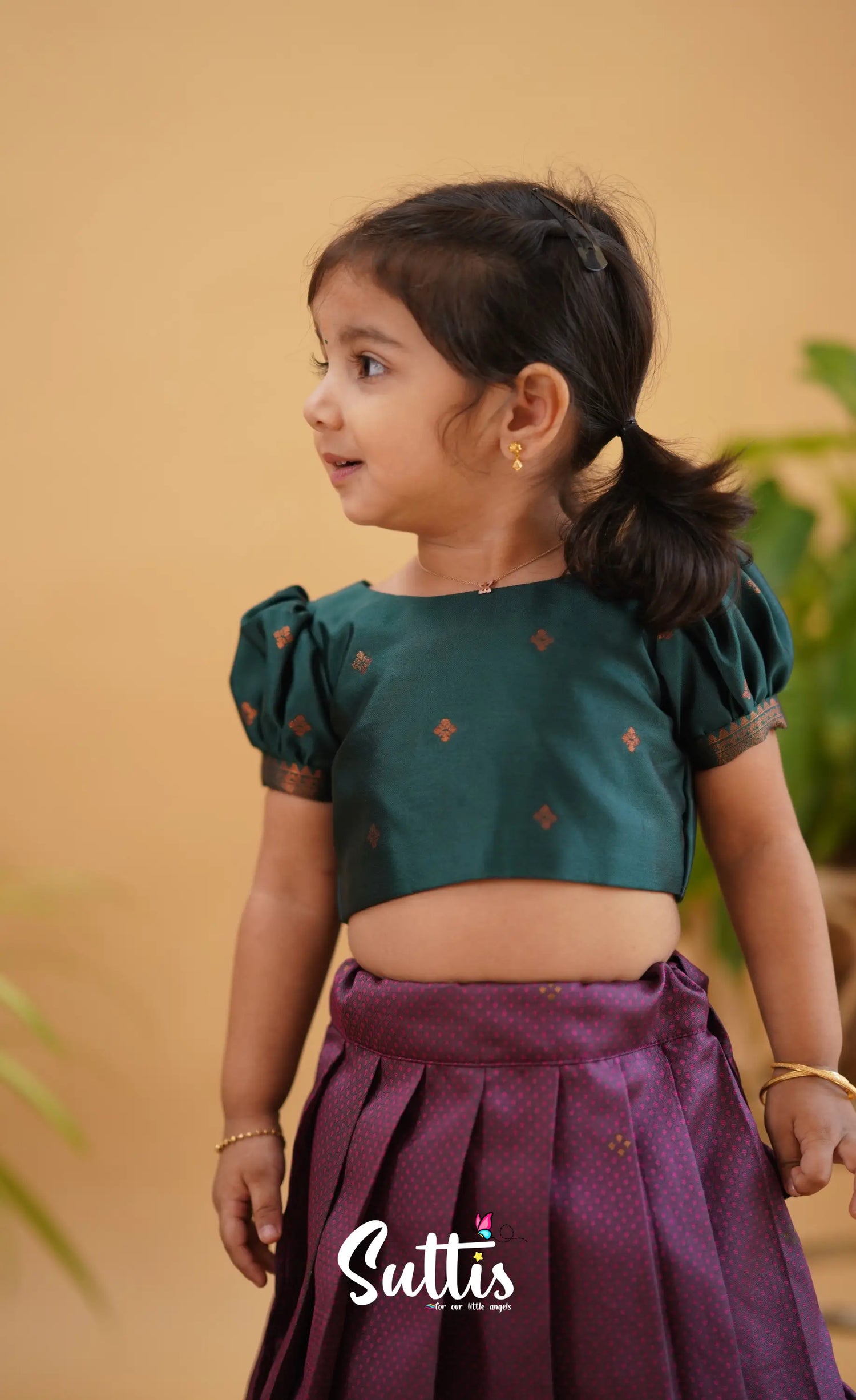 Zara - Magenta Shade And Dark Green Tone Blended Silk Crop Top Skirt Kids-Suttis