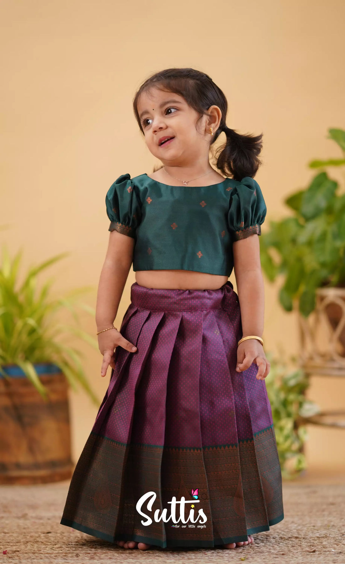 Zara - Magenta Shade And Dark Green Tone Blended Silk Crop Top Skirt Kids-Suttis