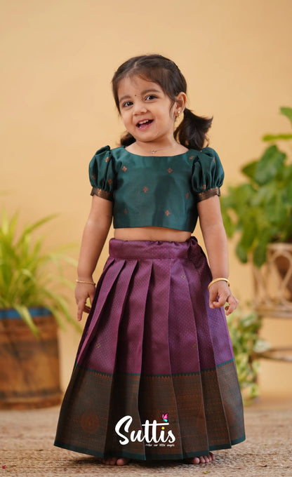 Zara - Magenta Shade And Dark Green Tone Blended Silk Crop Top Skirt Kids-Suttis