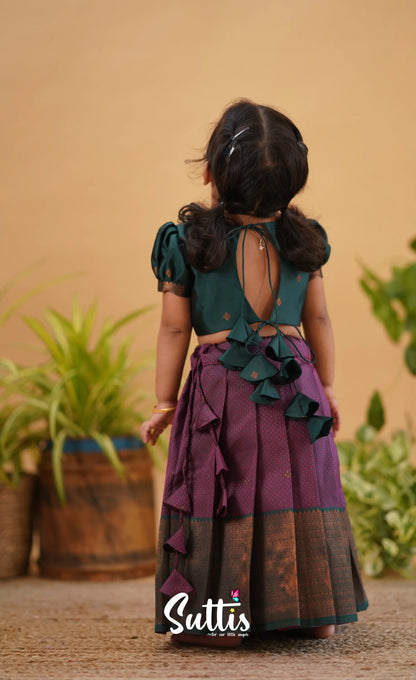 Zara - Magenta Shade And Dark Green Tone Blended Silk Crop Top Skirt Kids-Suttis