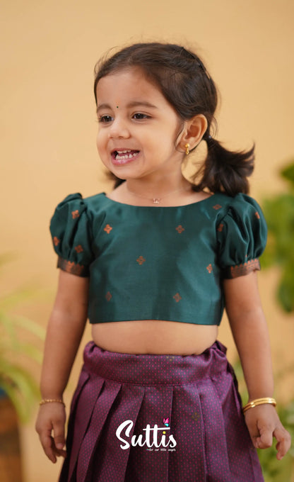 Zara - Magenta Shade And Dark Green Tone Blended Silk Crop Top Skirt Kids-Suttis