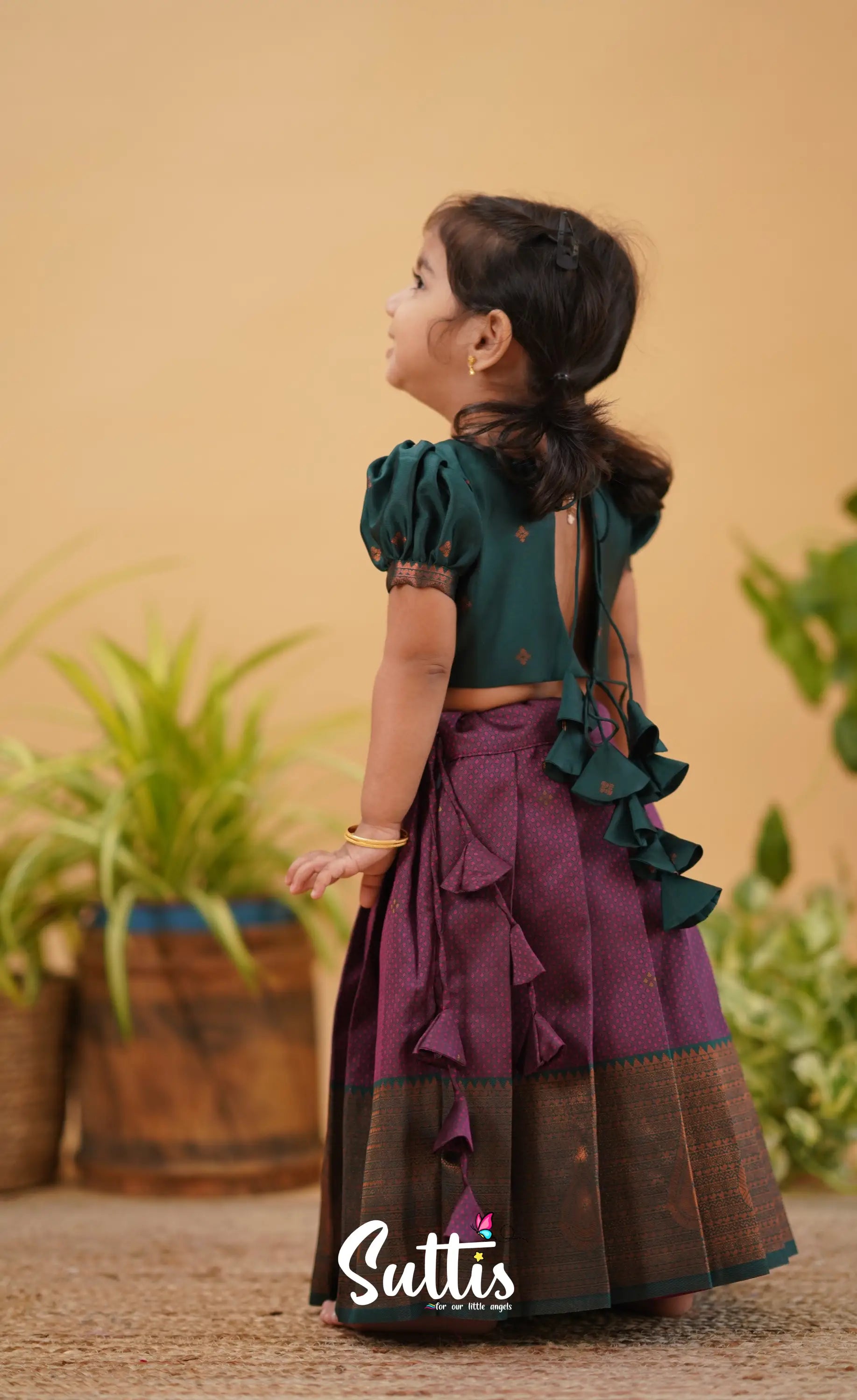 Zara - Magenta Shade And Dark Green Tone Blended Silk Crop Top Skirt Kids-Suttis