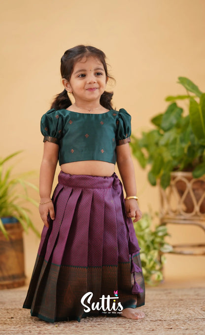 Zara - Magenta Shade And Dark Green Tone Blended Silk Crop Top Skirt Kids-Suttis