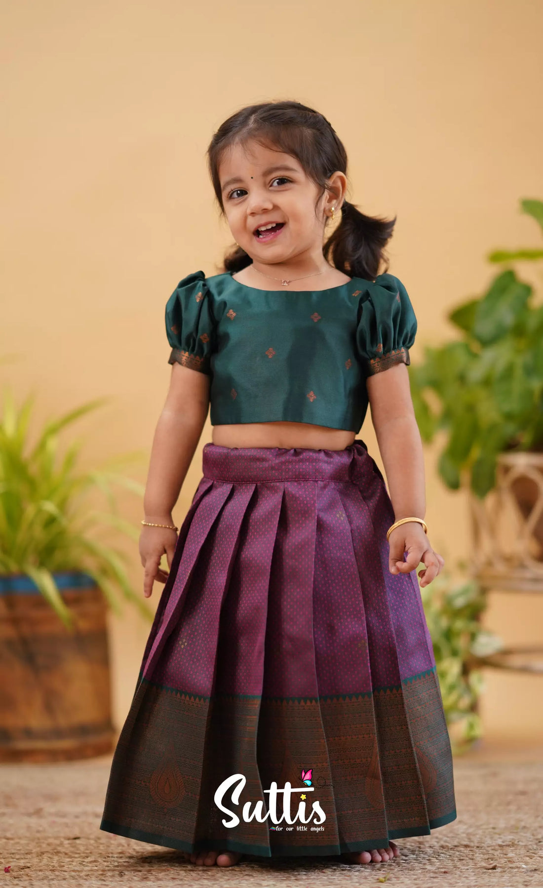 Zara - Magenta Shade And Dark Green Tone Blended Silk Crop Top Skirt Kids-Suttis