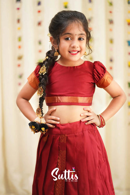 Zara - Maroon Semi Silk Crop Top And Skirt Kids-Suttis