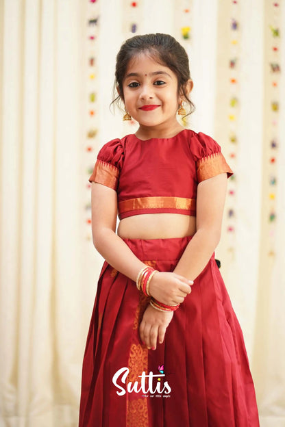 Zara - Maroon Semi Silk Crop Top And Skirt Kids-Suttis