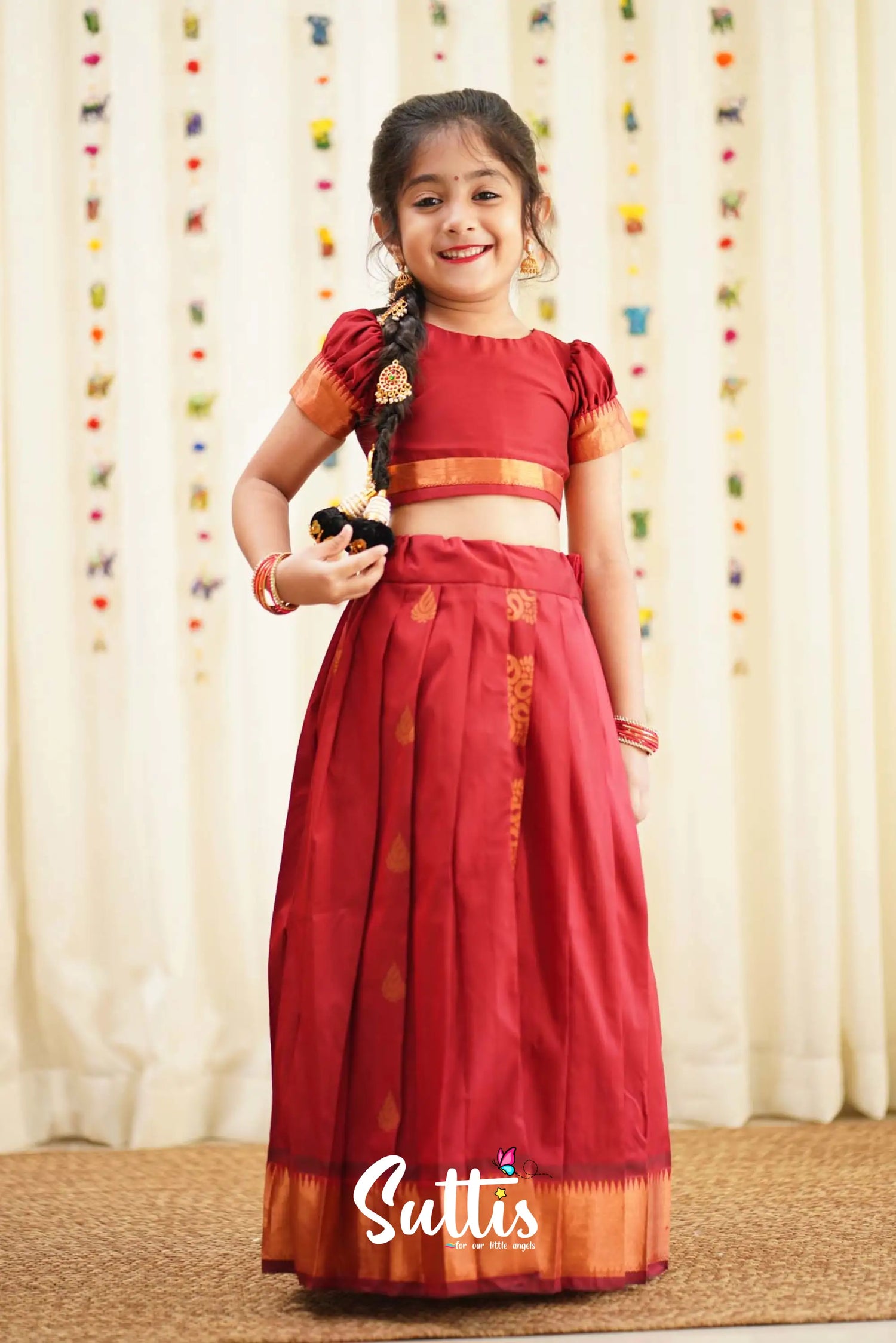 Zara - Maroon Semi Silk Crop Top And Skirt Kids-Suttis