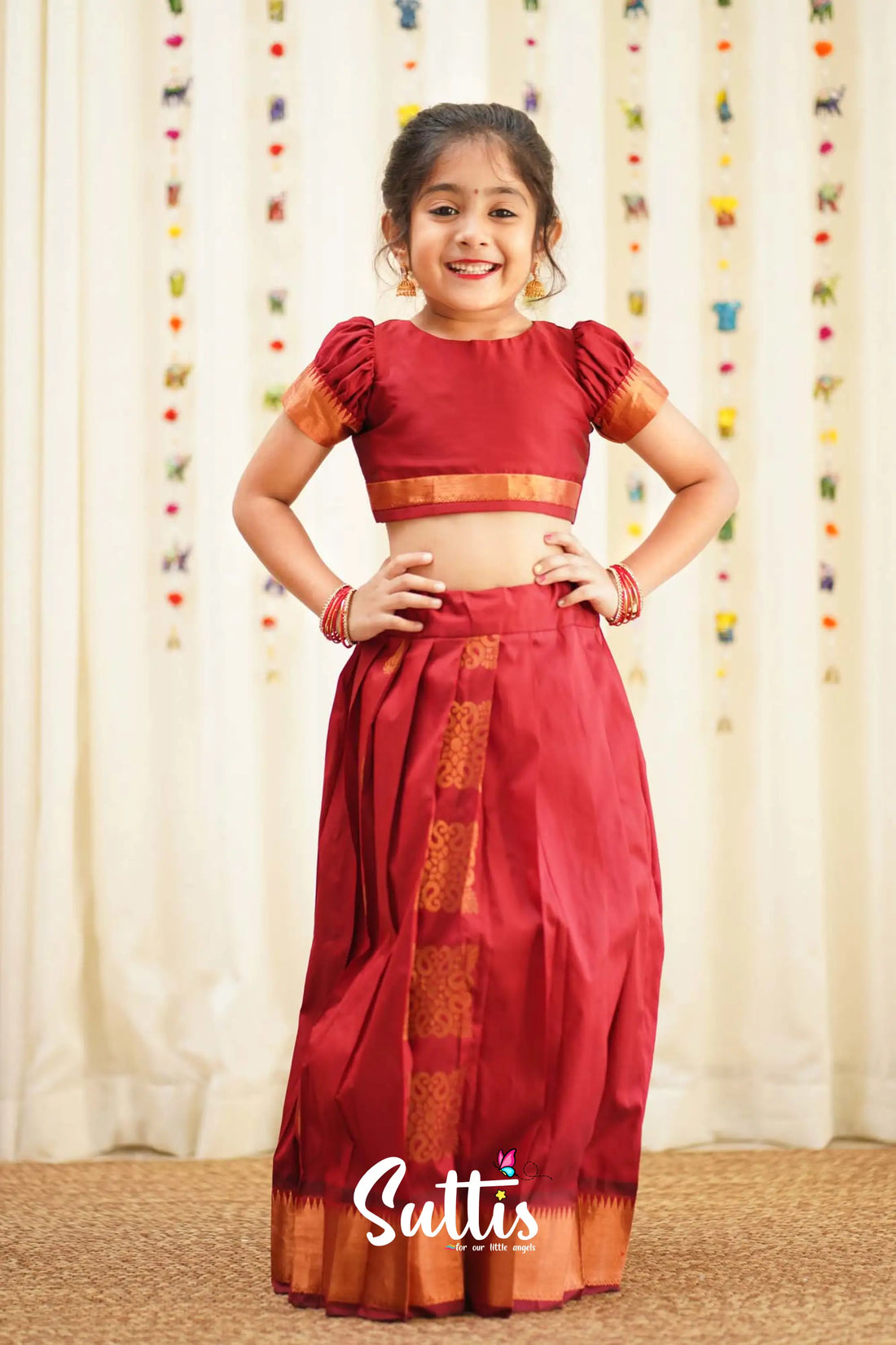 Zara - Maroon Semi Silk Crop Top And Skirt Kids-Suttis