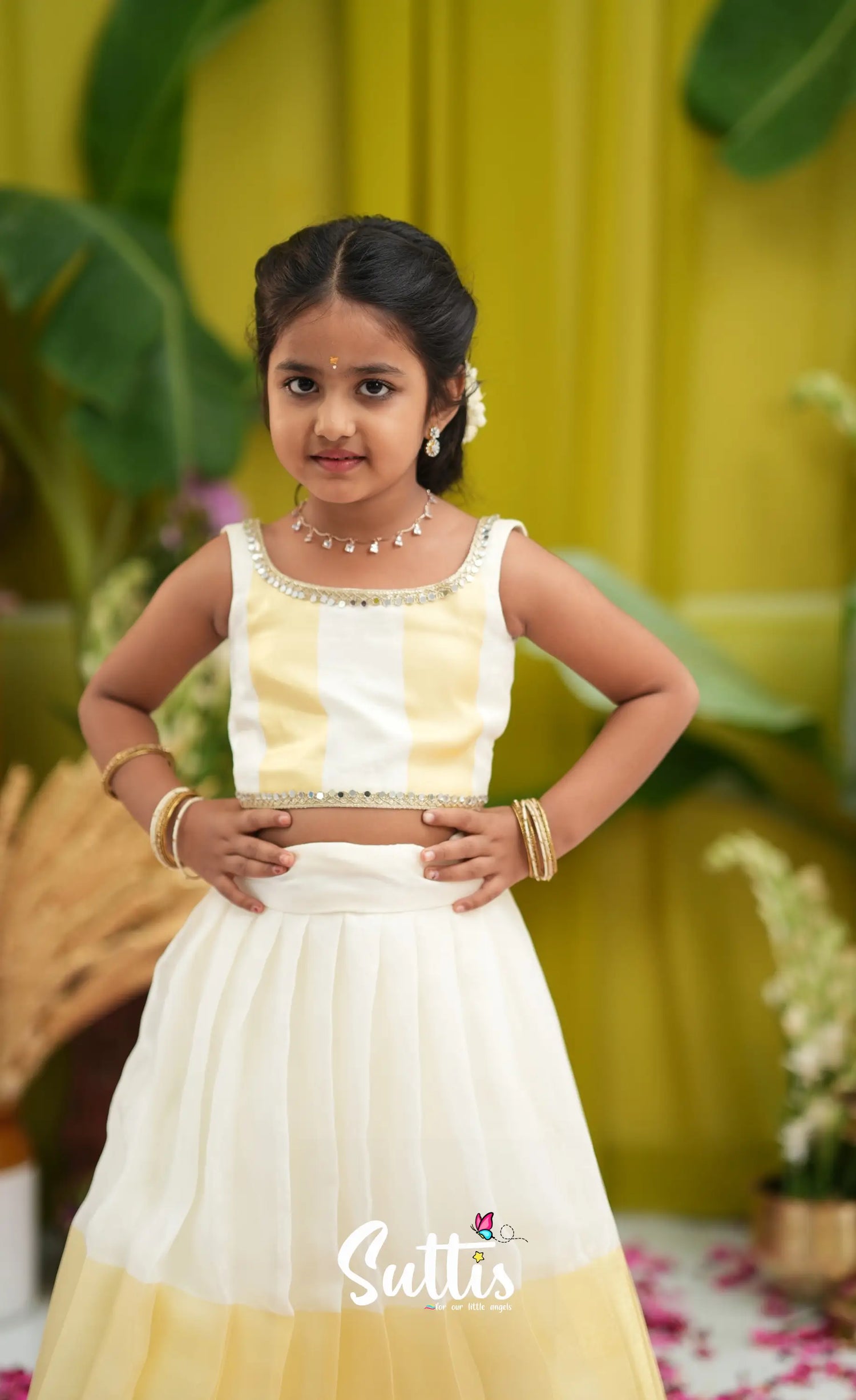 Zara - Milky white and Gold Crop Top and Skirt - Kids-Suttis