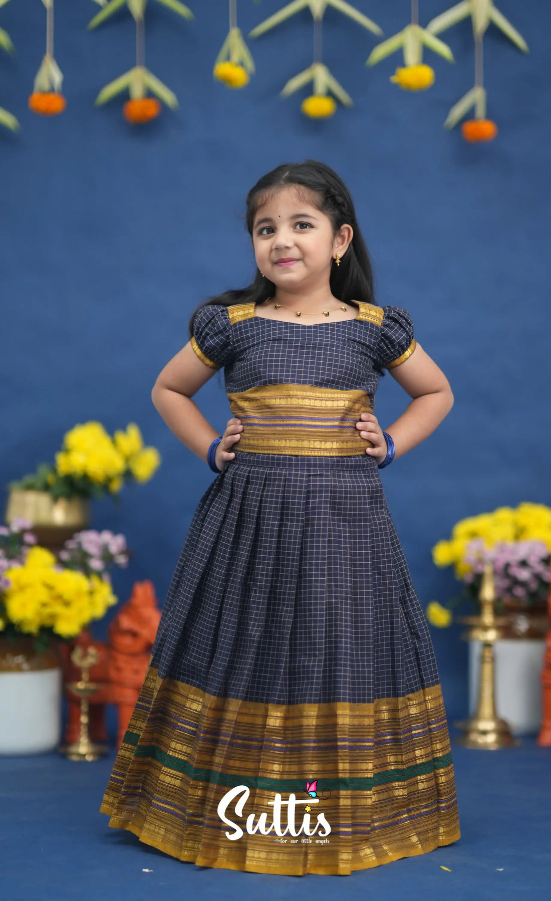Zara Navy Blue and Mustard Crop Top and Skirt Kids-Suttis