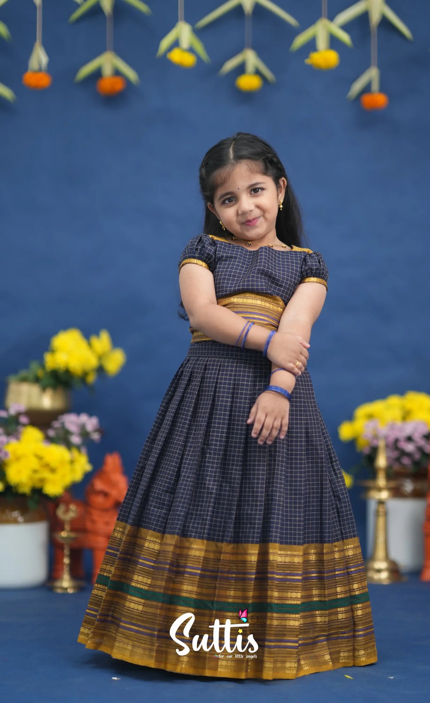 Zara Navy Blue and Mustard Crop Top and Skirt Kids-Suttis