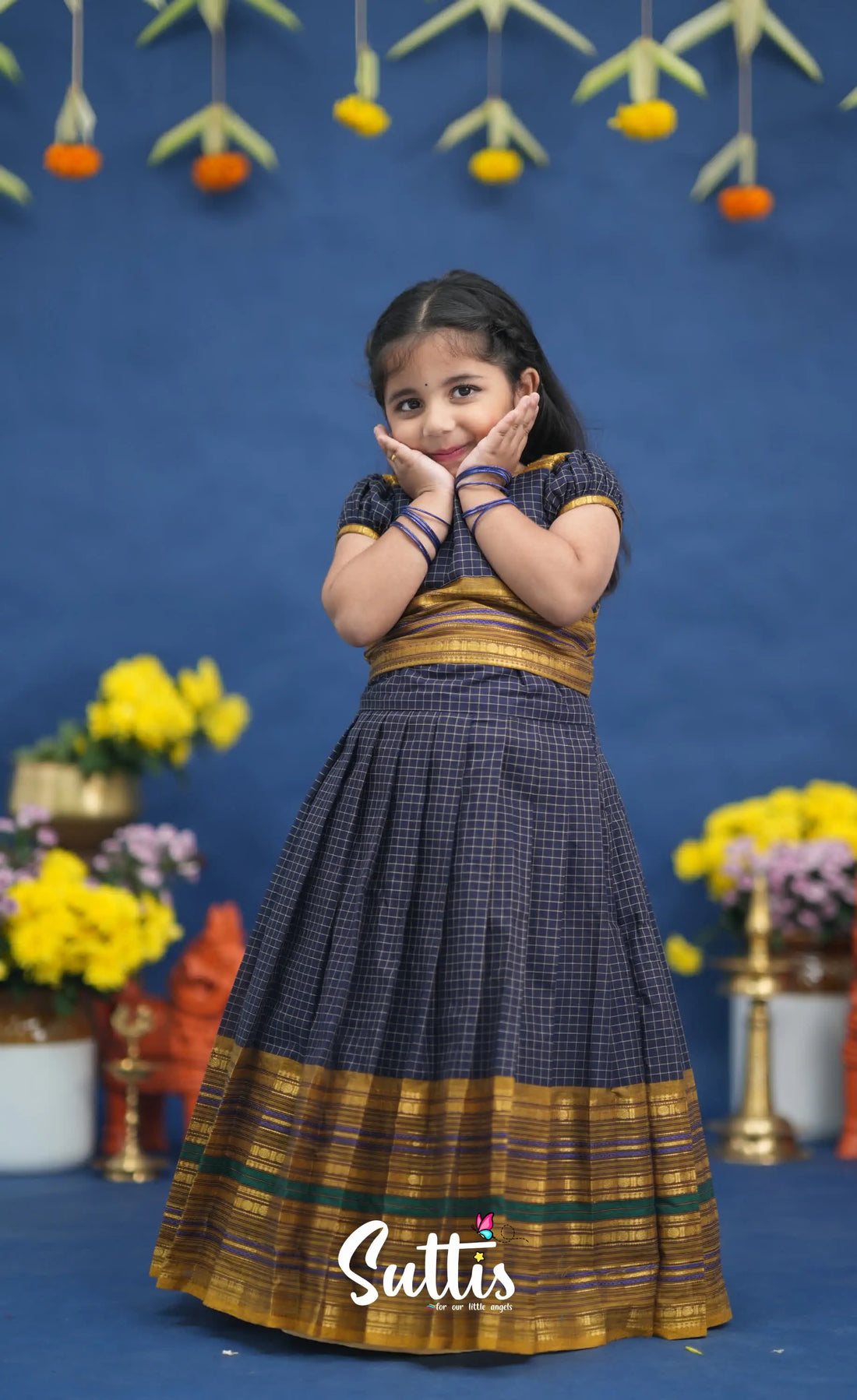 Zara Navy Blue and Mustard Crop Top and Skirt Kids-Suttis