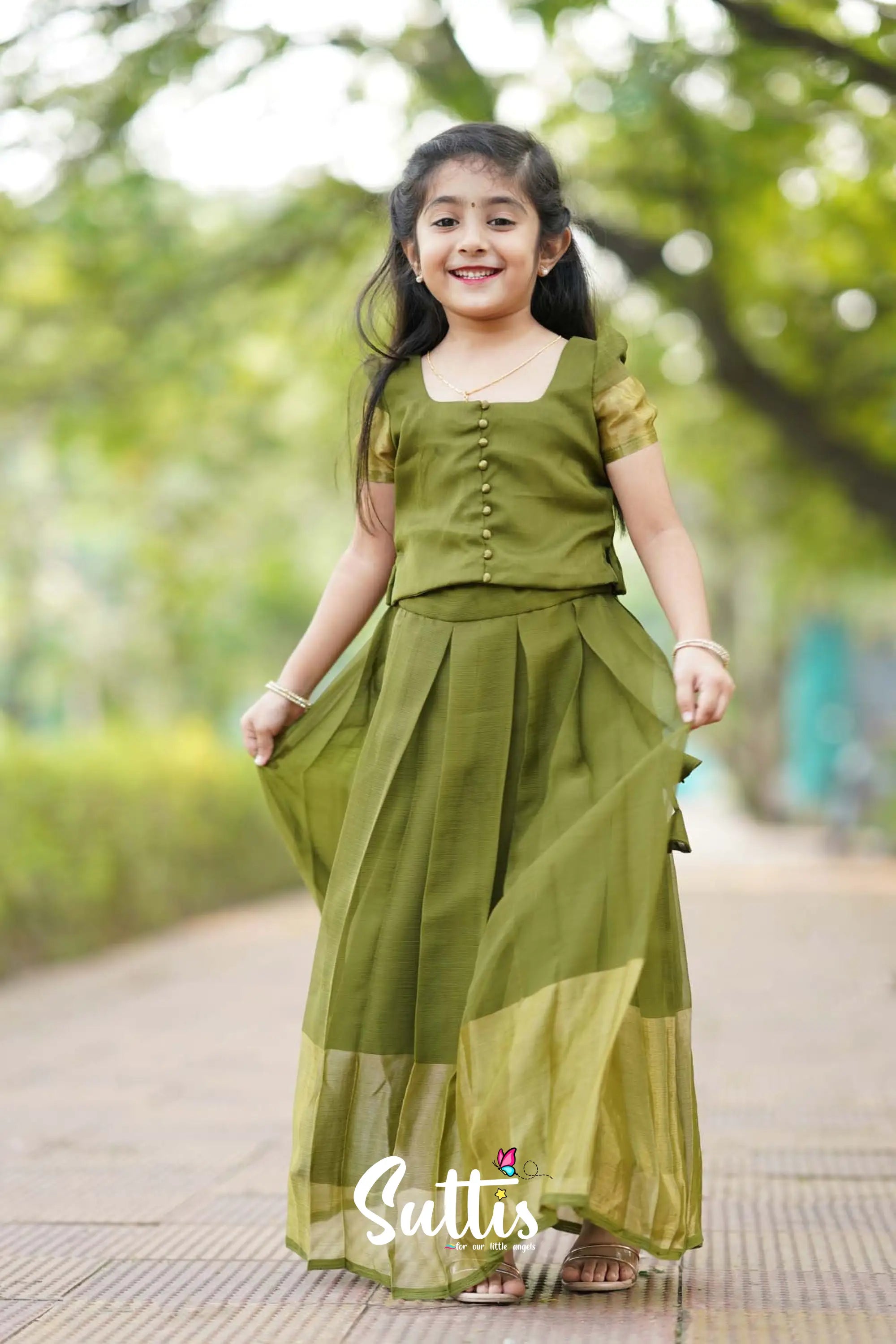 Zara - Olive Green Crop Top And Skirt Kids-Suttis