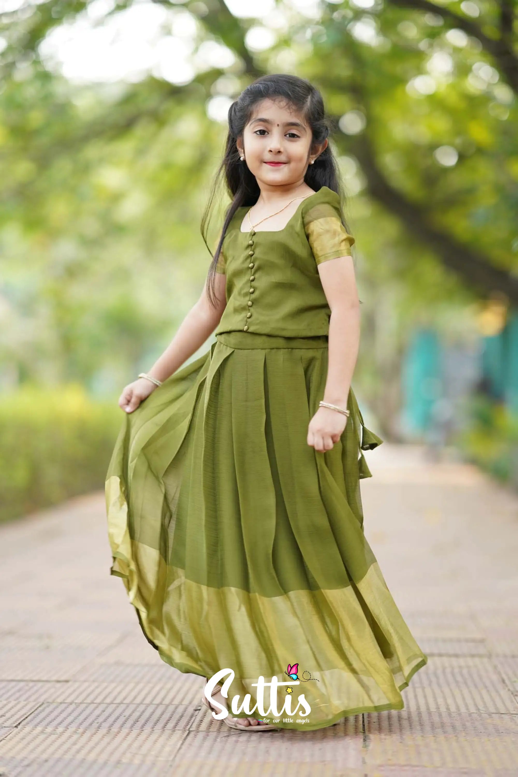 Zara - Olive Green Crop Top And Skirt Kids-Suttis
