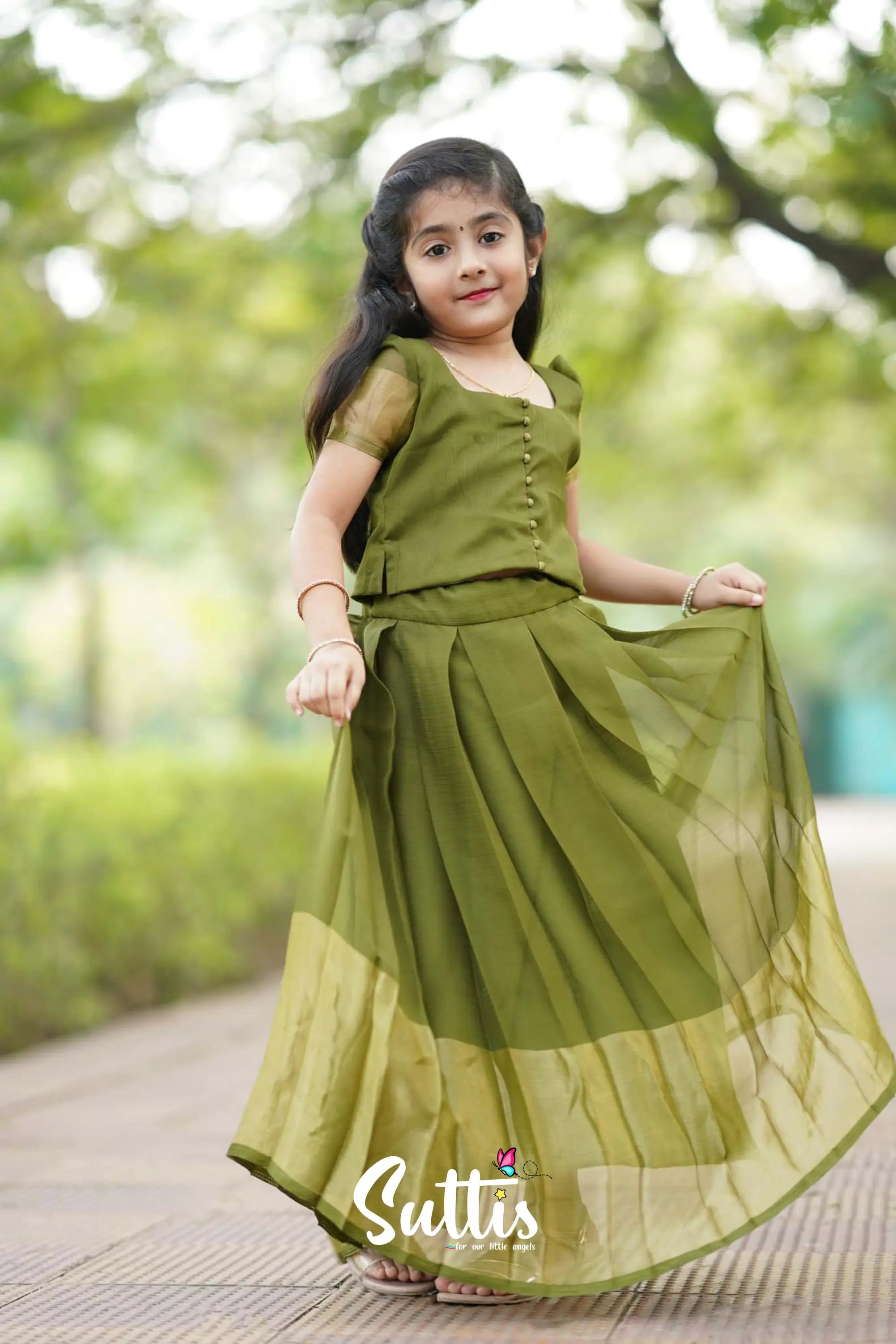 Zara - Olive Green Crop Top And Skirt Kids-Suttis