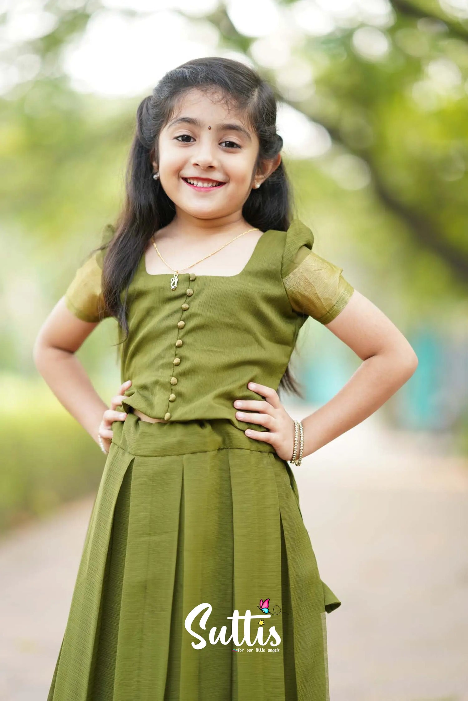 Zara - Olive Green Crop Top And Skirt Kids-Suttis