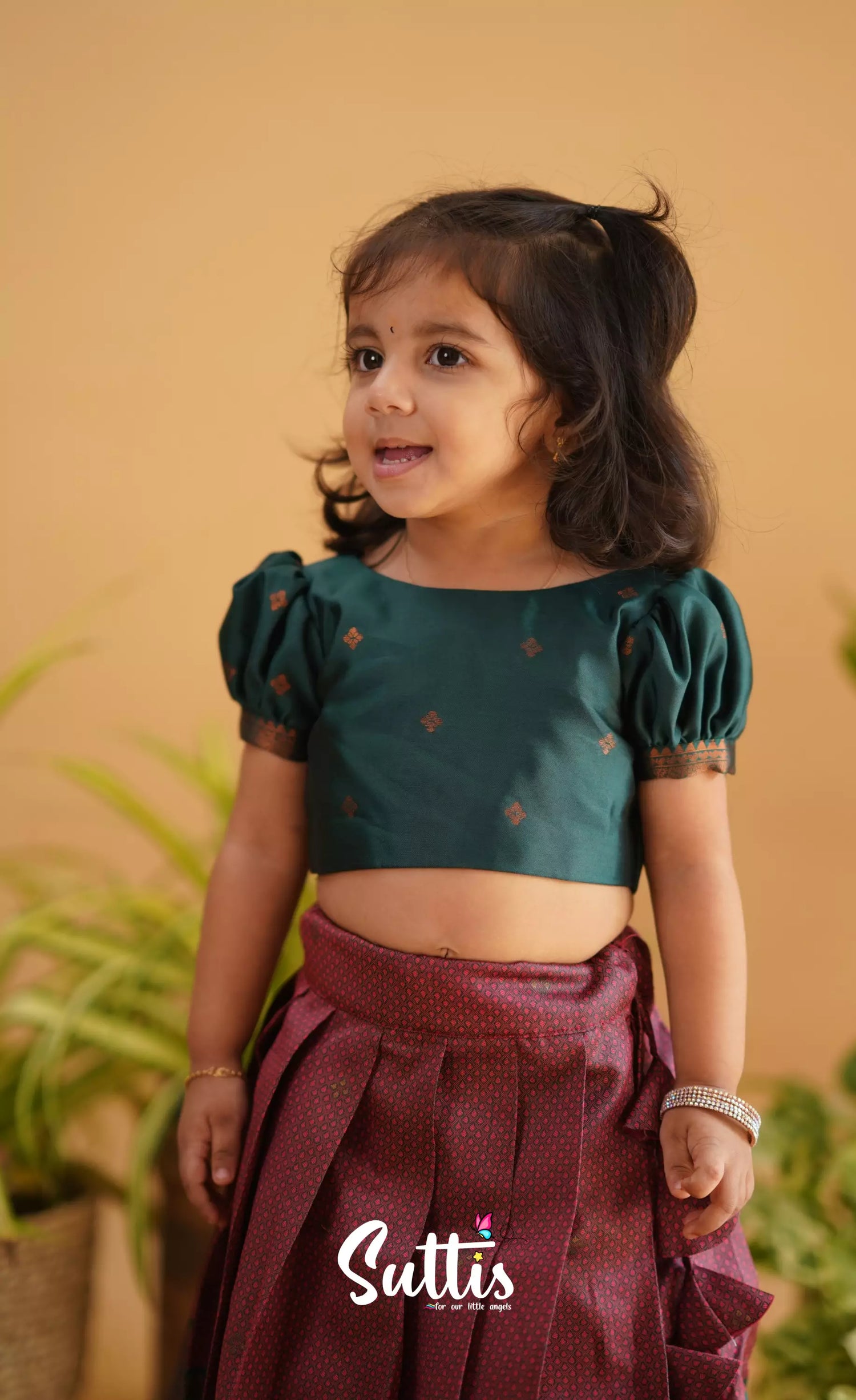 Zara - Reddish Maroon Shade And Dark Green Tone Blended Silk Crop Top Skirt Kids-Suttis