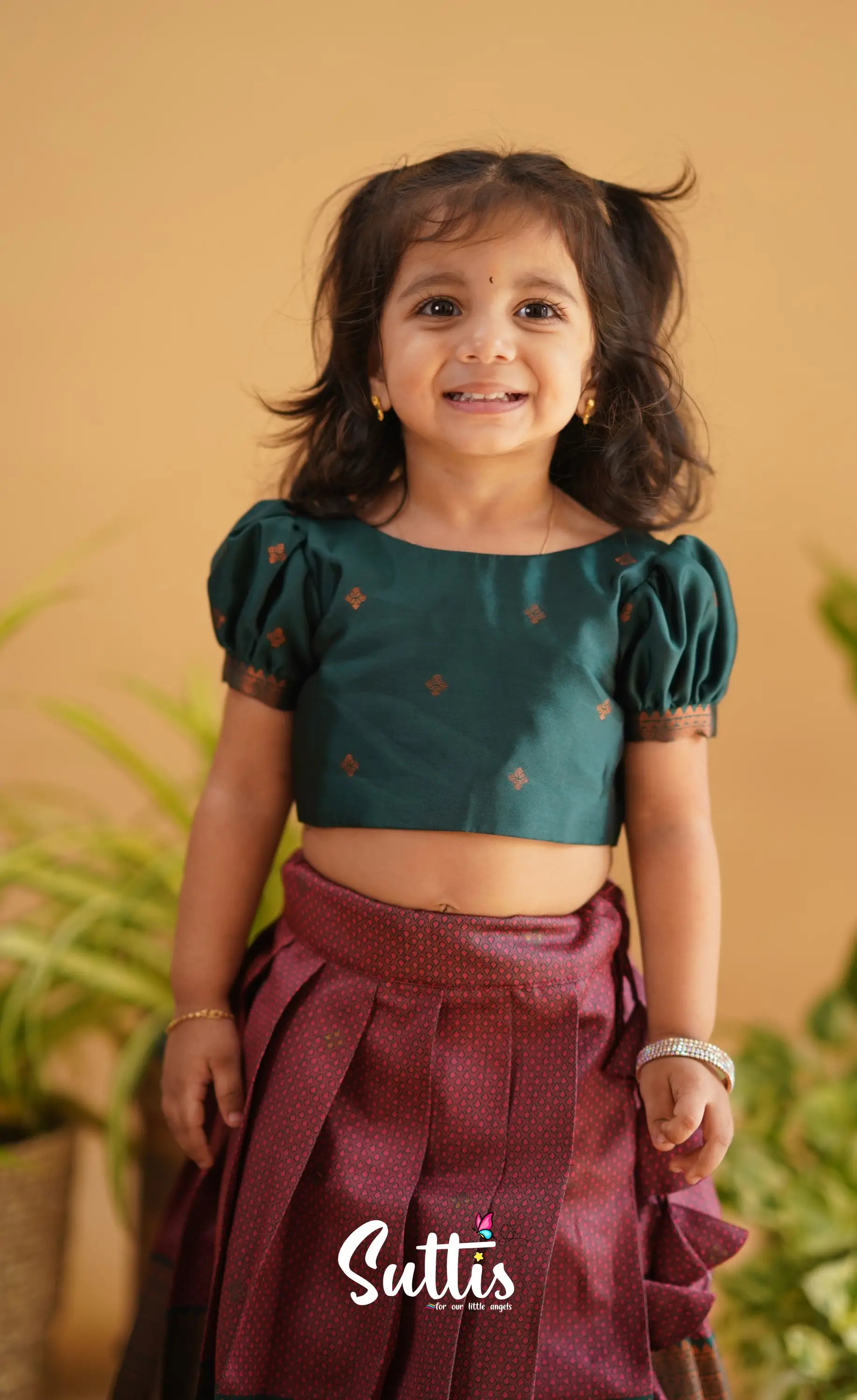 Zara - Reddish Maroon Shade And Dark Green Tone Blended Silk Crop Top Skirt Kids-Suttis