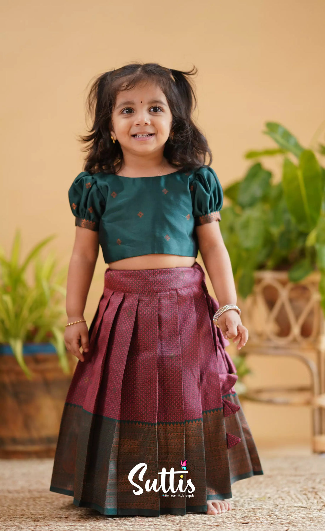 Zara - Reddish Maroon Shade And Dark Green Tone Blended Silk Crop Top Skirt Kids-Suttis