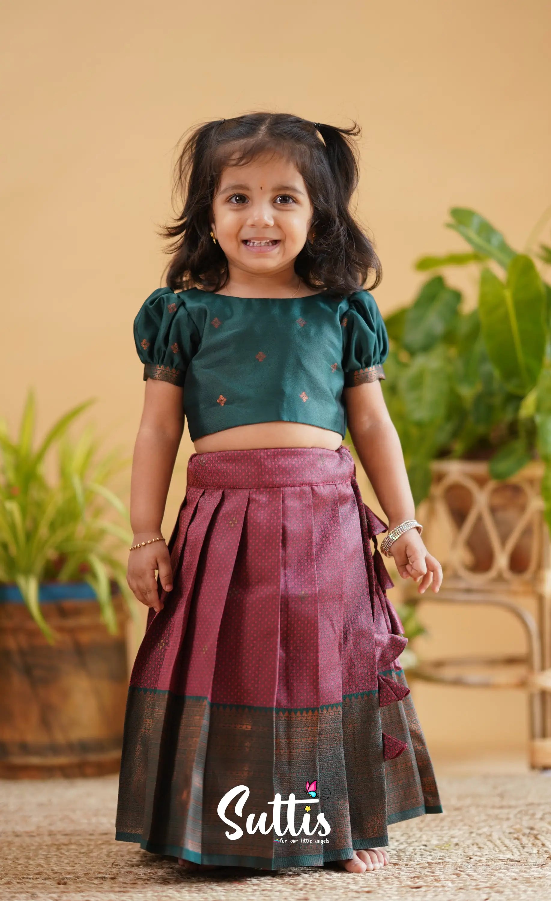 Zara - Reddish Maroon Shade And Dark Green Tone Blended Silk Crop Top Skirt Kids-Suttis