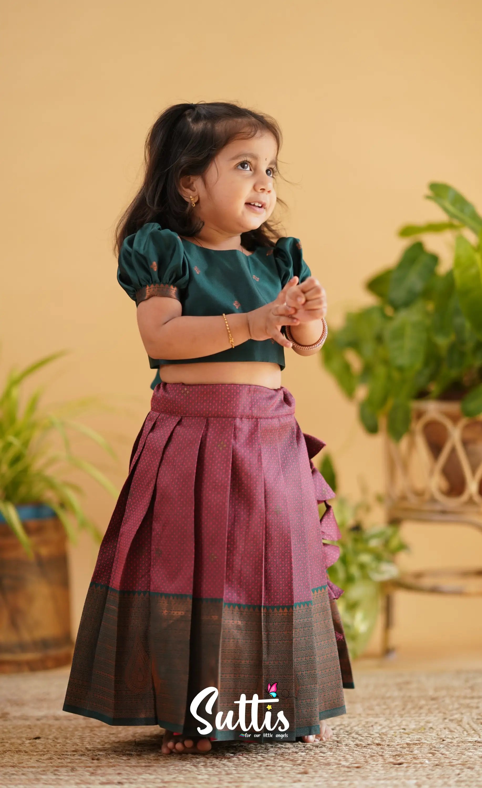 Zara - Reddish Maroon Shade And Dark Green Tone Blended Silk Crop Top Skirt Kids-Suttis