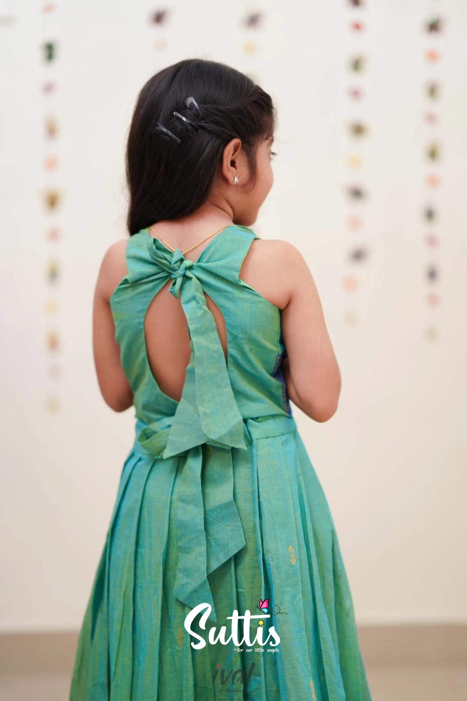 Zara - Sea Green And Blue Cotton Crop Top Skirt Kids-Suttis
