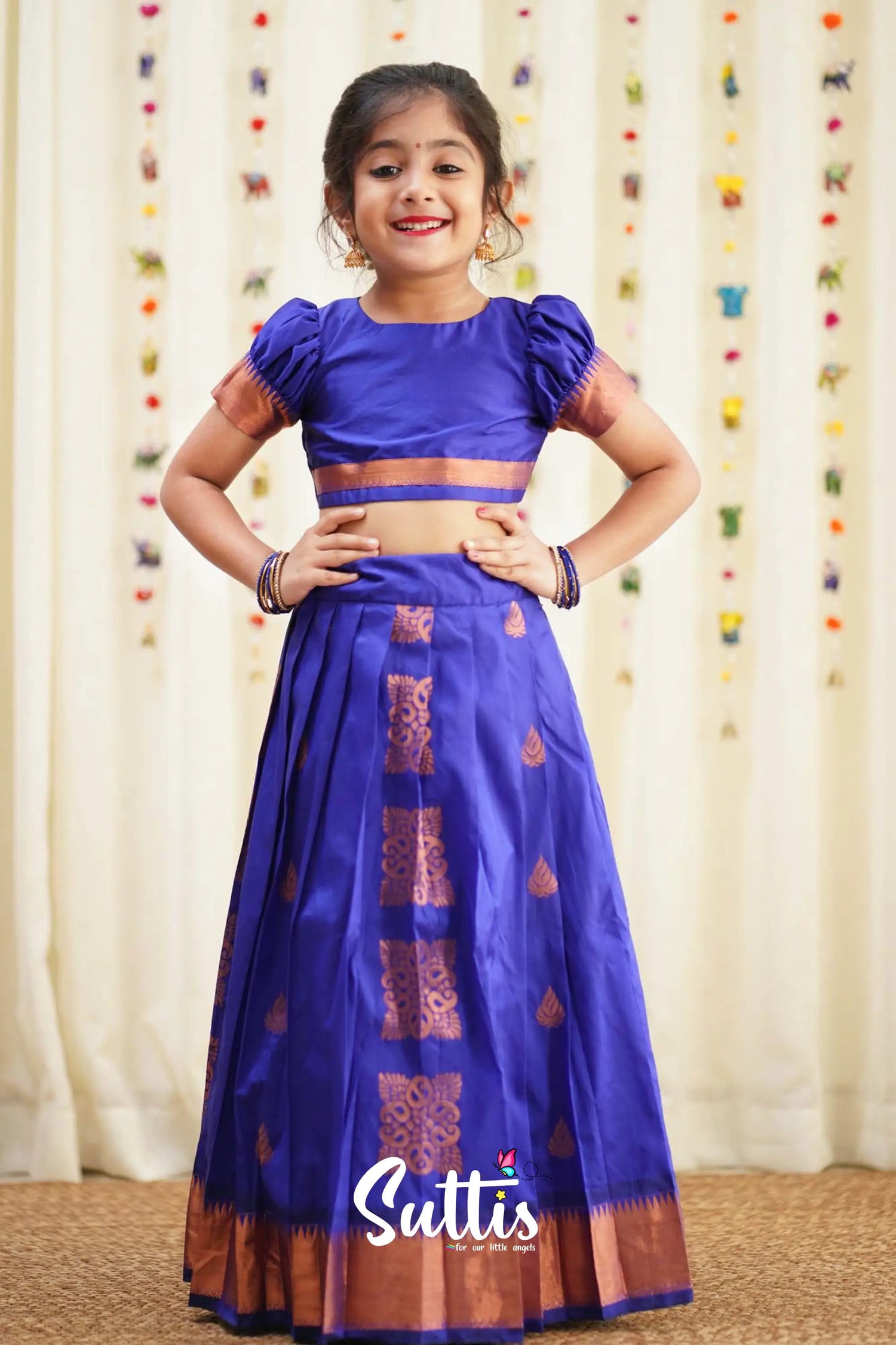 Zara - Violet Blue Semi Silk Crop Top And Skirt Kids-Suttis