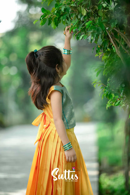 Zara - Yellow And Light Teal Blue Silk Crop Top Skirt Kids-Suttis