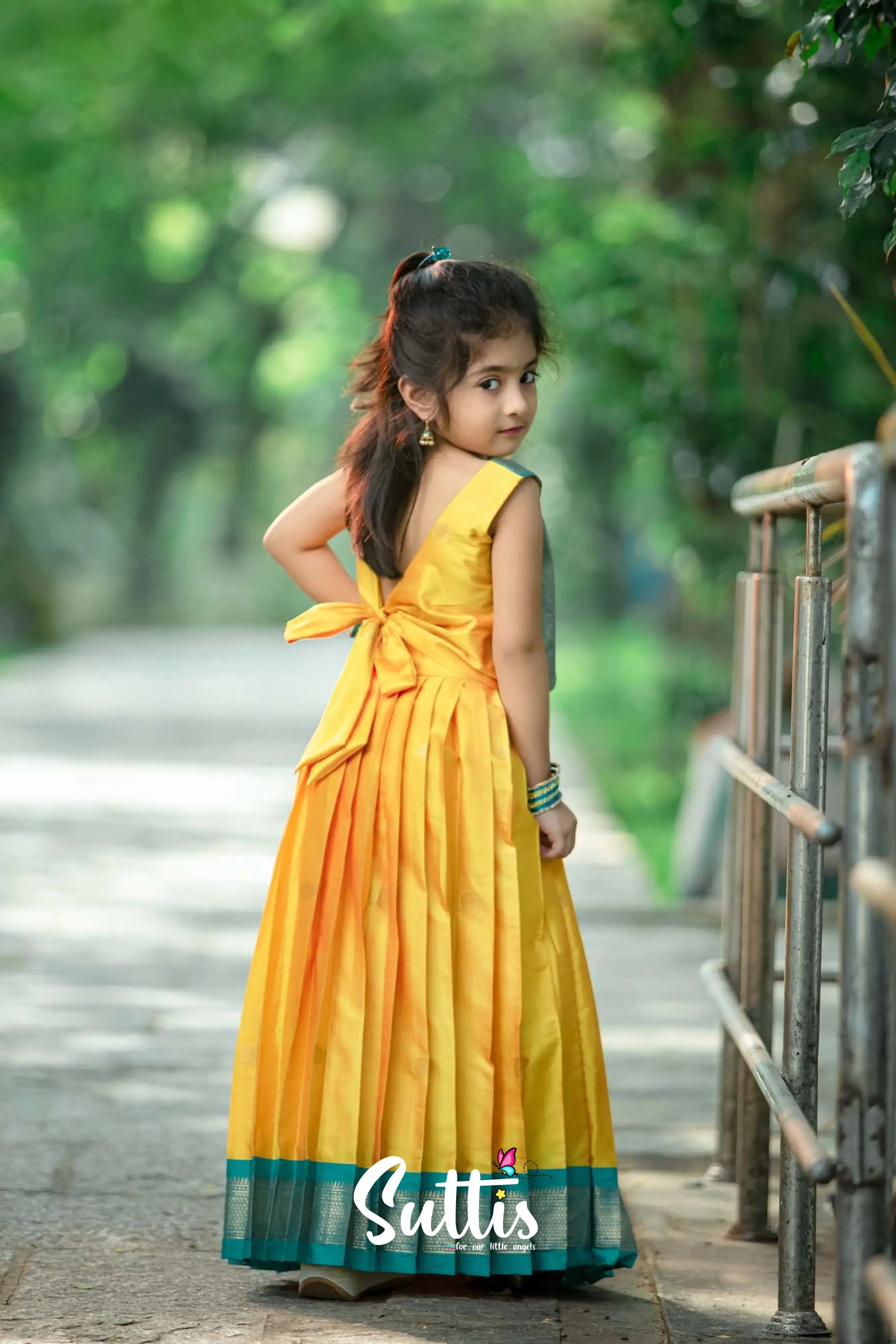 Zara - Yellow And Light Teal Blue Silk Crop Top Skirt Kids-Suttis